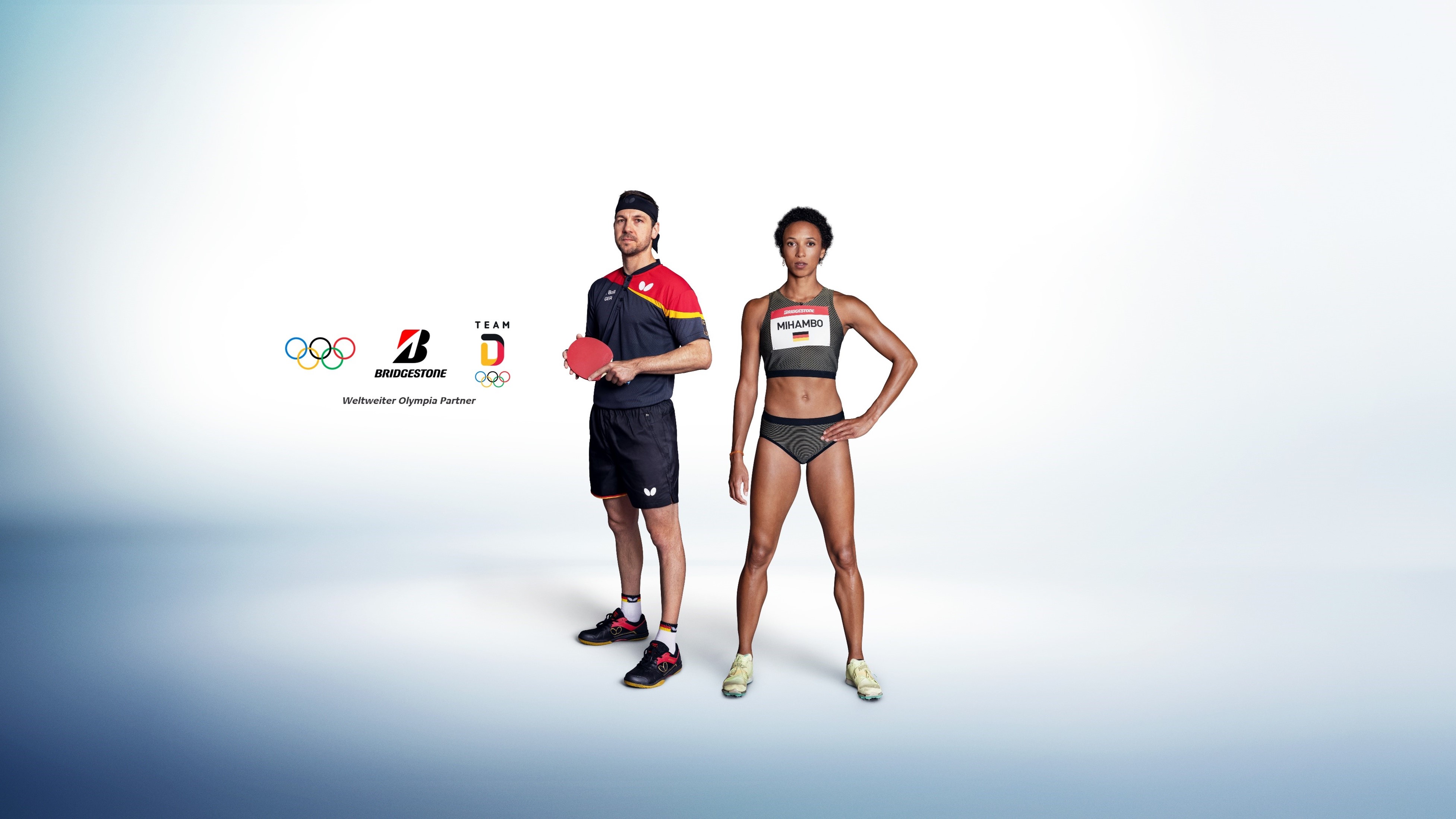 Bridgestone startet Kampagne für Para- und Olympische Spiele 2024 in Paris - Die beiden neuen Kampagnenbotschafter von Bridgestone: Timo Boll und Malaika Mihambo - Quelle: Bridgestone