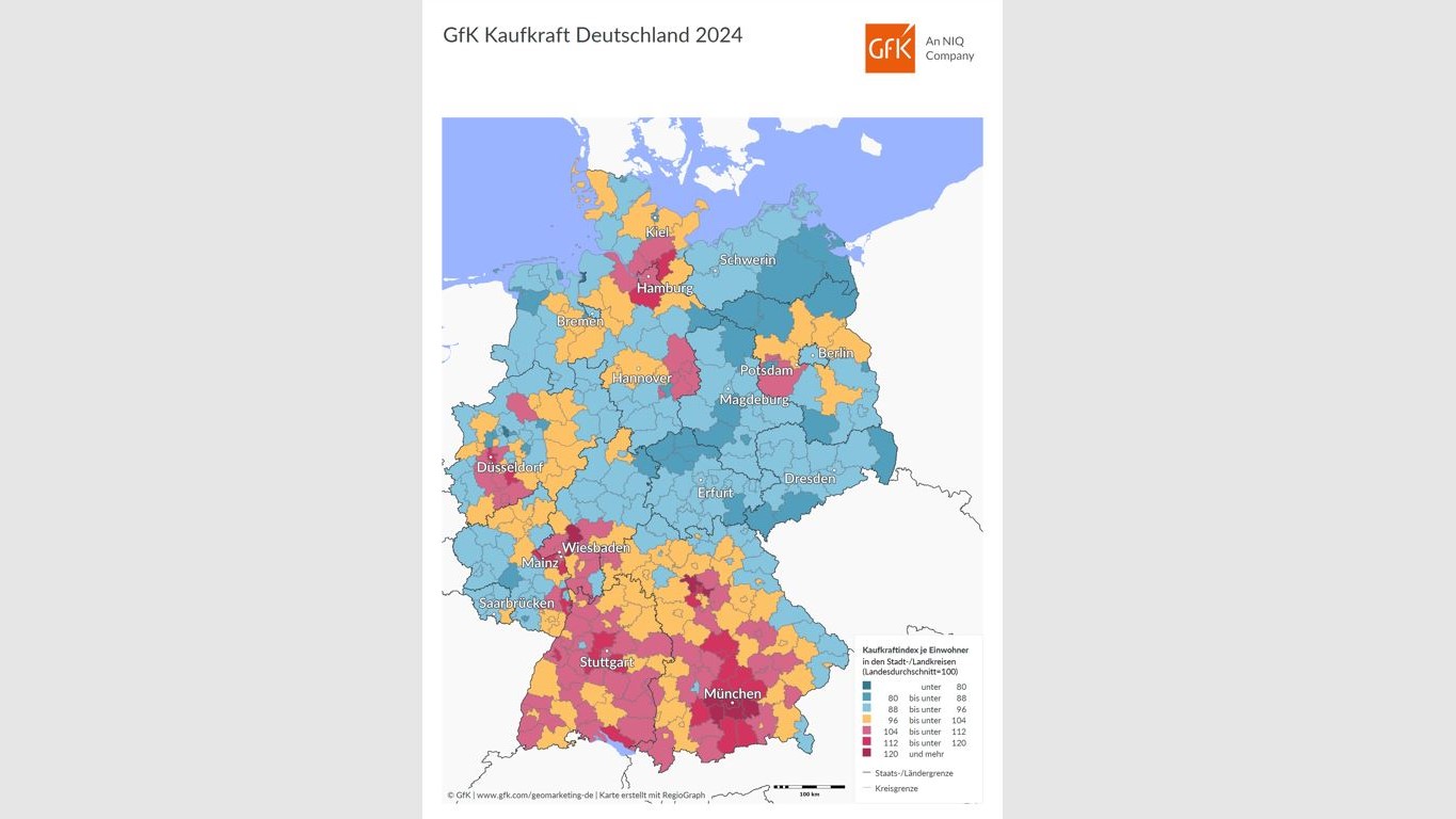 Kaufkraft steigt in Deutschland, Bremen ist Schlusslicht - Kaufkraftindex je Einwohner in den Stadt- und Landkreisen - Quelle: GfK