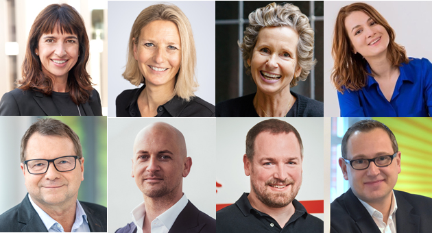 Kommunikation in turbulenten Zeiten - v.l.: Karin Overbeck (Freudenberg), Michaela Holzäpfel (Ritter Sport), Kirsten Trenkner (Kühne), Anna Mikhaylov (Upfield), Herbert Sollich (Veltins), Michael Falkensteiner (Telefónica), Tobias van Maele (Purina) und Kai Jablonka (Axa) - Quellen: Kai Jablonka; Christoph Meinschäfer/Veltins; Kühne, Matthias Müller Photography; Purina; Alfred Ritter GmbH & Co. KG; Diana Ibragimova; Telefónica