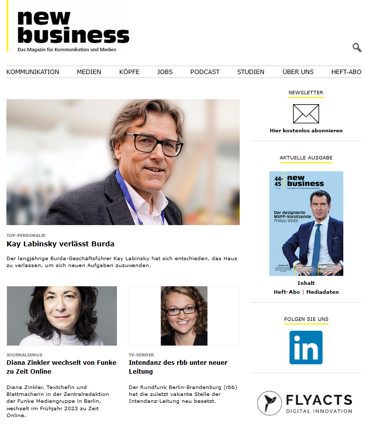 Fachmagazin new business präsentiert neue Website -