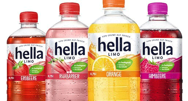 Hella setzt auf leichter - Die neuen Limos gibt es in den Sorten Orange, Erdbeere, Himbeere und Rhabarber - Quelle: Hansa-Heemann