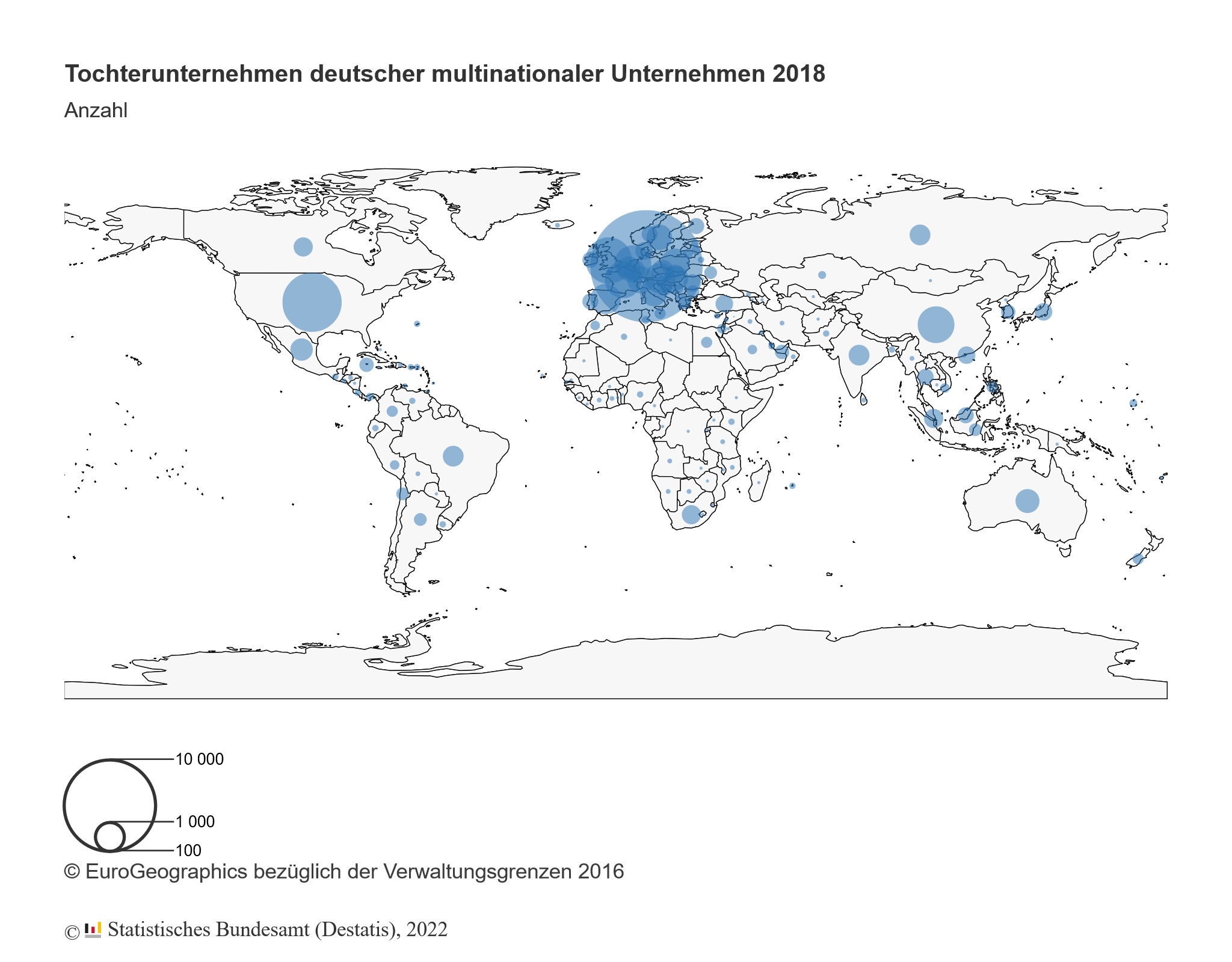 Bilanz multinational tätiger Firmen - Die meisten Tochterunternehmen meldepflichtiger deutscher Unternehmensgruppen außerhalb Detuschlands befinden sich laut Analyse in den Vereinigten Staaten - Quelle: Eurogeographics/Statistisches Bundesamt